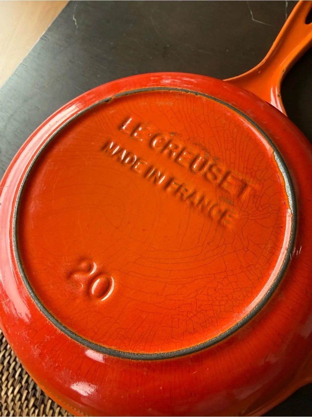 Le Creuset Orange Enameled Cast Iron Skillet. Read about the lid.